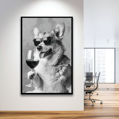 Corgi Drinking Wine Framed Art Print Wall Decor, Black and White, Welsh Corgi Gift, Bar Cart Print, Kitchen Wall Decor