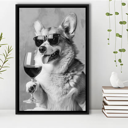 Corgi Drinking Wine Framed Canvas Print Wall Art, Black and White, Welsh Corgi Gift, Bar Cart Print, Kitchen Wall Decor