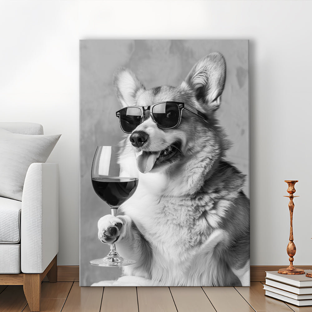 Corgi Drinking Wine Canvas Print Wall Art, Black and White, Welsh Corgi Gift,, Bar Cart Print, Kitchen Wall Decor