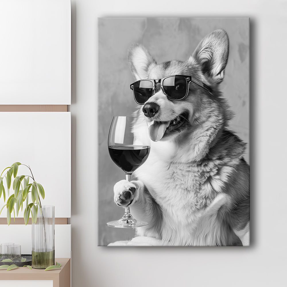 Corgi Drinking Wine Canvas Print Wall Art, Black and White, Welsh Corgi Gift,, Bar Cart Print, Kitchen Wall Decor