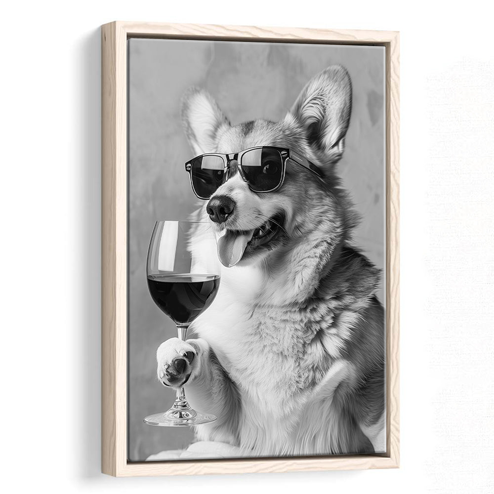 Corgi Drinking Wine Framed Canvas Print Wall Art, Black and White, Welsh Corgi Gift, Bar Cart Print, Kitchen Wall Decor