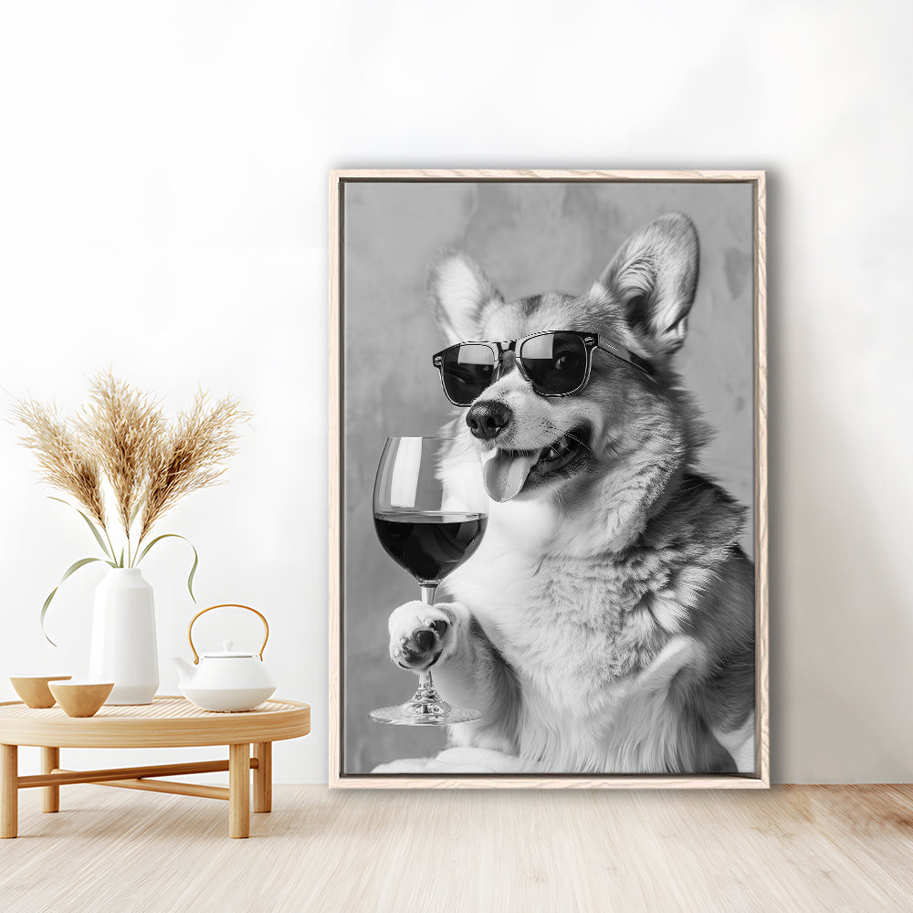 Corgi Drinking Wine Framed Canvas Print Wall Art, Black and White, Welsh Corgi Gift, Bar Cart Print, Kitchen Wall Decor
