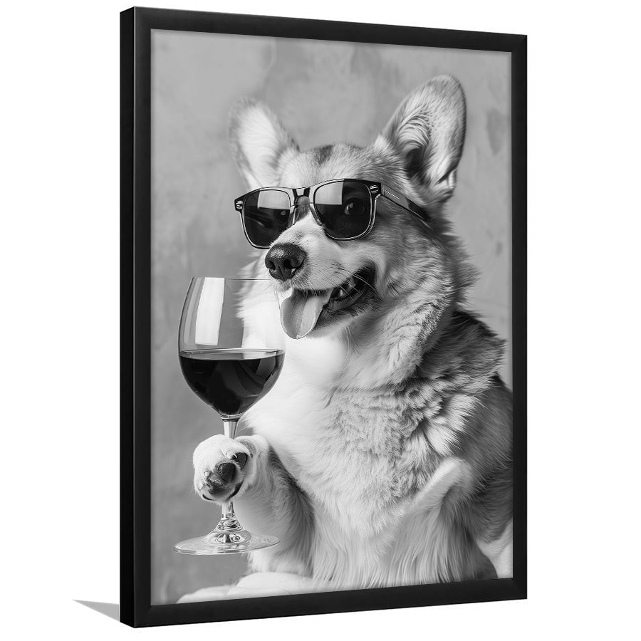 Corgi Drinking Wine Framed Art Print Wall Decor, Black and White, Welsh Corgi Gift, Bar Cart Print, Kitchen Wall Decor