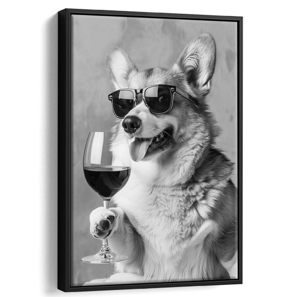Corgi Drinking Wine Framed Canvas Print Wall Art, Black and White, Welsh Corgi Gift, Bar Cart Print, Kitchen Wall Decor