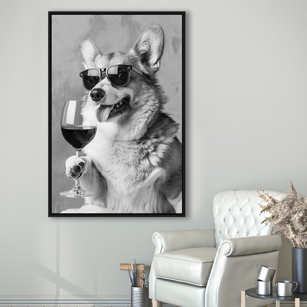 Corgi Drinking Wine Framed Canvas Print Wall Art, Black and White, Welsh Corgi Gift, Bar Cart Print, Kitchen Wall Decor