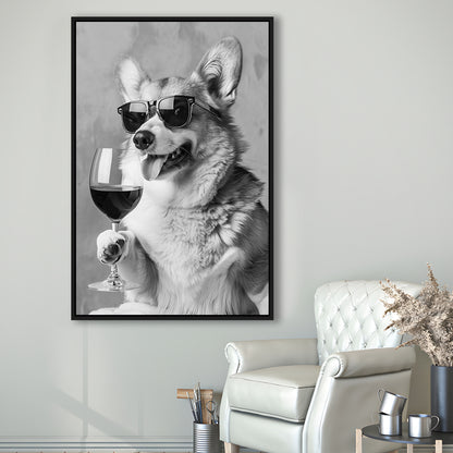 Corgi Drinking Wine Framed Canvas Print Wall Art, Black and White, Welsh Corgi Gift, Bar Cart Print, Kitchen Wall Decor