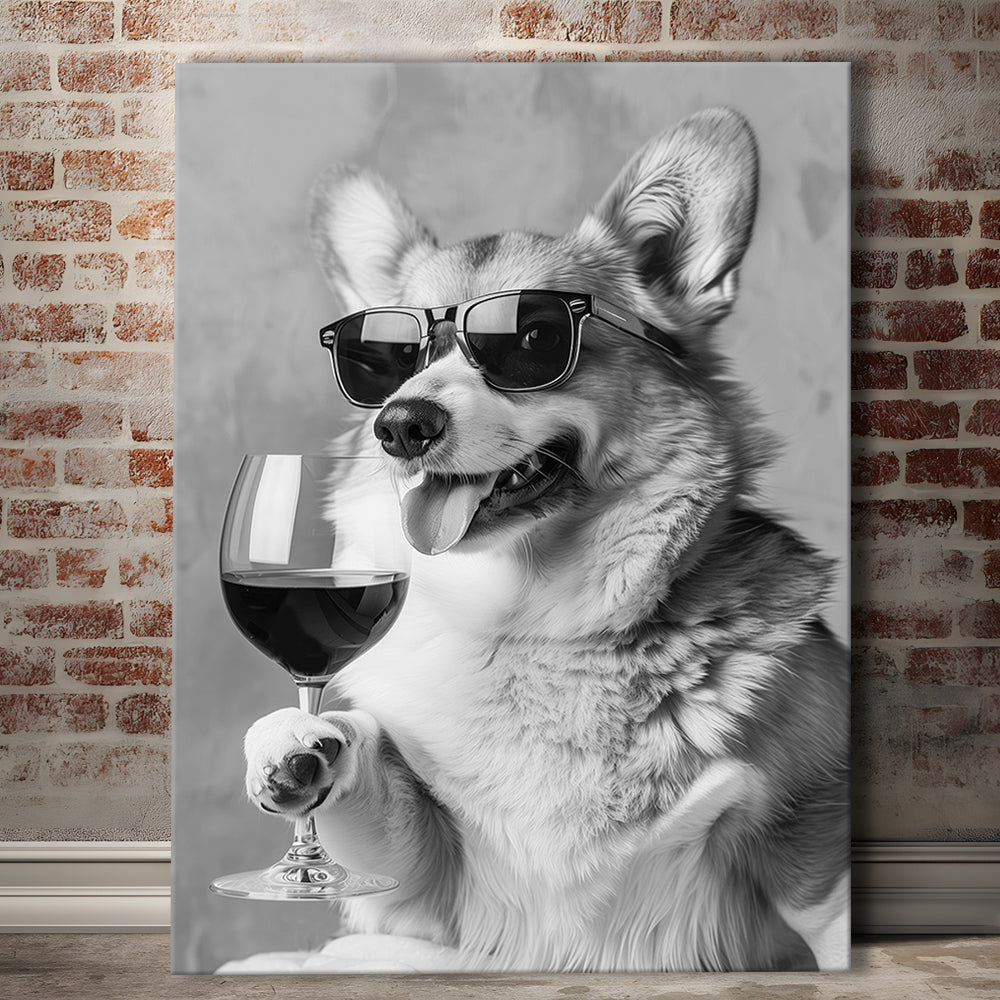 Corgi Drinking Wine Canvas Print Wall Art, Black and White, Welsh Corgi Gift,, Bar Cart Print, Kitchen Wall Decor