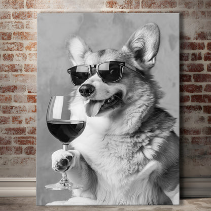 Corgi Drinking Wine Canvas Print Wall Art, Black and White, Welsh Corgi Gift,, Bar Cart Print, Kitchen Wall Decor