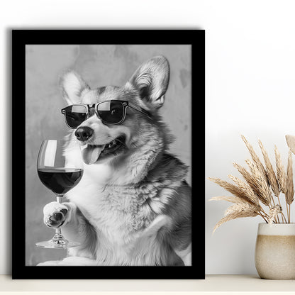 Corgi Drinking Wine Framed Art Print Wall Decor, Black and White, Welsh Corgi Gift, Bar Cart Print, Kitchen Wall Decor
