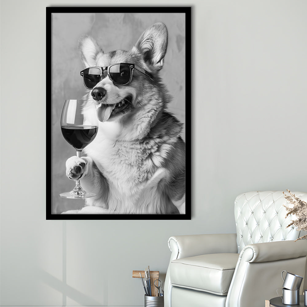 Corgi Drinking Wine Framed Art Print Wall Decor, Black and White, Welsh Corgi Gift, Bar Cart Print, Kitchen Wall Decor