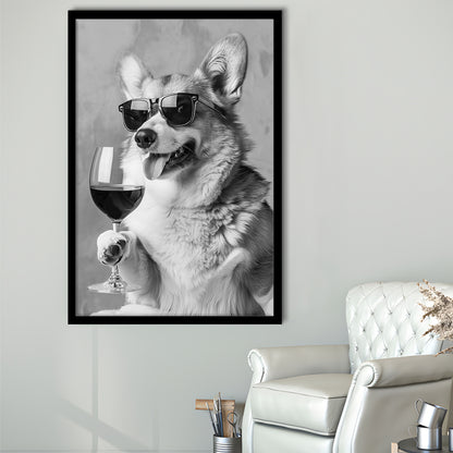 Corgi Drinking Wine Framed Art Print Wall Decor, Black and White, Welsh Corgi Gift, Bar Cart Print, Kitchen Wall Decor