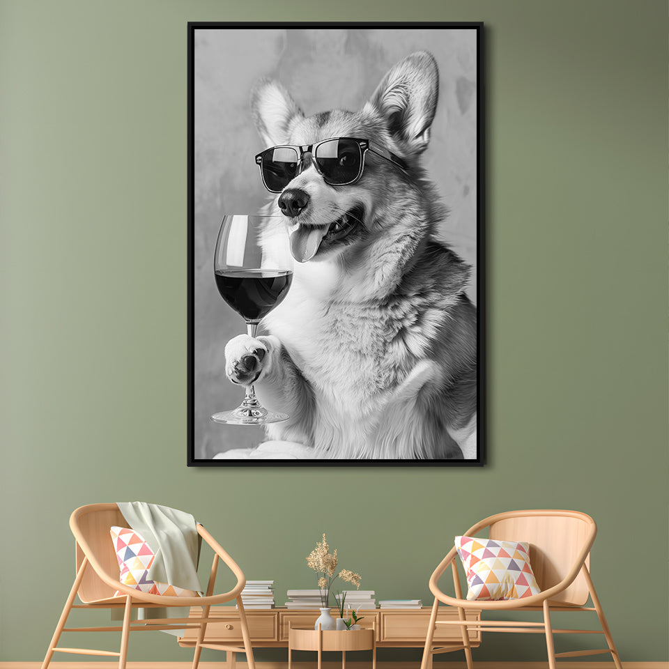 Corgi Drinking Wine Framed Canvas Print Wall Art, Black and White, Welsh Corgi Gift, Bar Cart Print, Kitchen Wall Decor