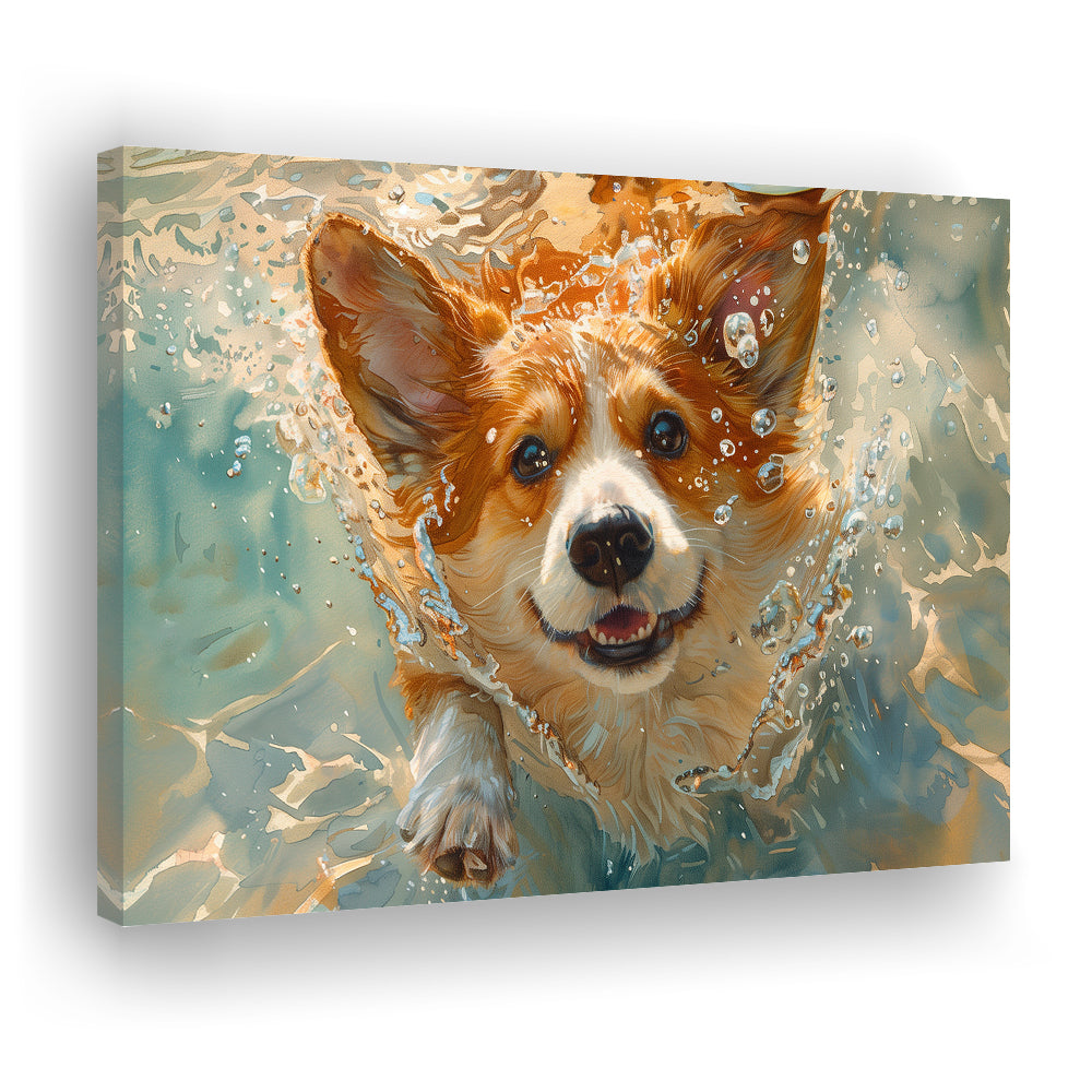 Corgi Puppie Playing Swiming Underwater, Canvas Art Decor Print, Painting Art, Canvas Print Wall Art Home Decor