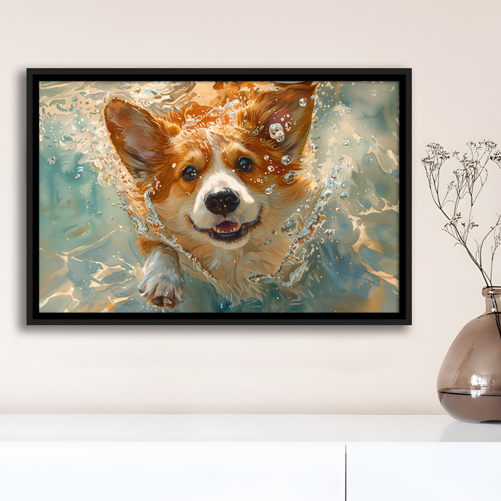 Corgi Puppie Playing Swiming Underwater, Framed Canvas Print, Painting Art, Floating Framed Canvas Print Wall Art