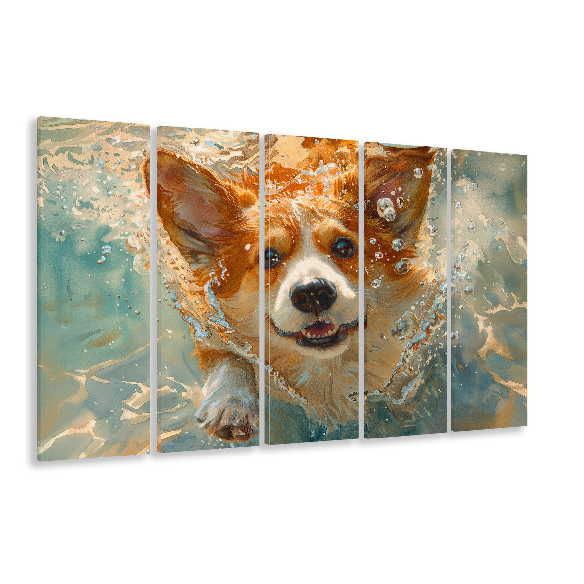 Corgi Puppie Playing Swiming Underwater, Canvas Art Print, Painting Art, Multi Panels Canvas Print Wall Art