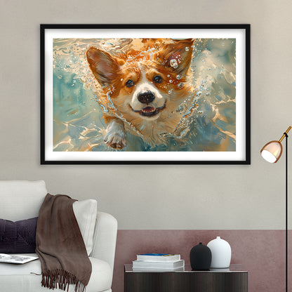 Corgi Puppie Playing Swiming Underwater, Framed  Print, Painting Art, Framed Art Print White Border Wall Decor