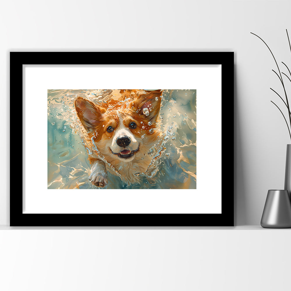 Corgi Puppie Playing Swiming Underwater, Framed  Print, Painting Art, Framed Art Print White Border Wall Decor