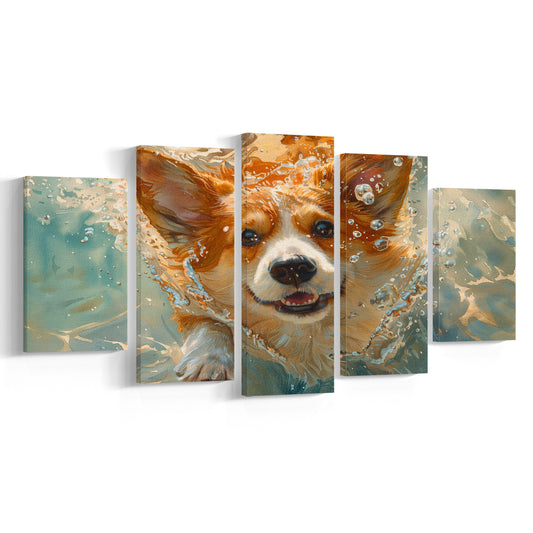 Corgi Puppie Playing Swiming Underwater, Canvas Art Decor Print, Painting Art, Mixed Panels Canvas Print Wall Art