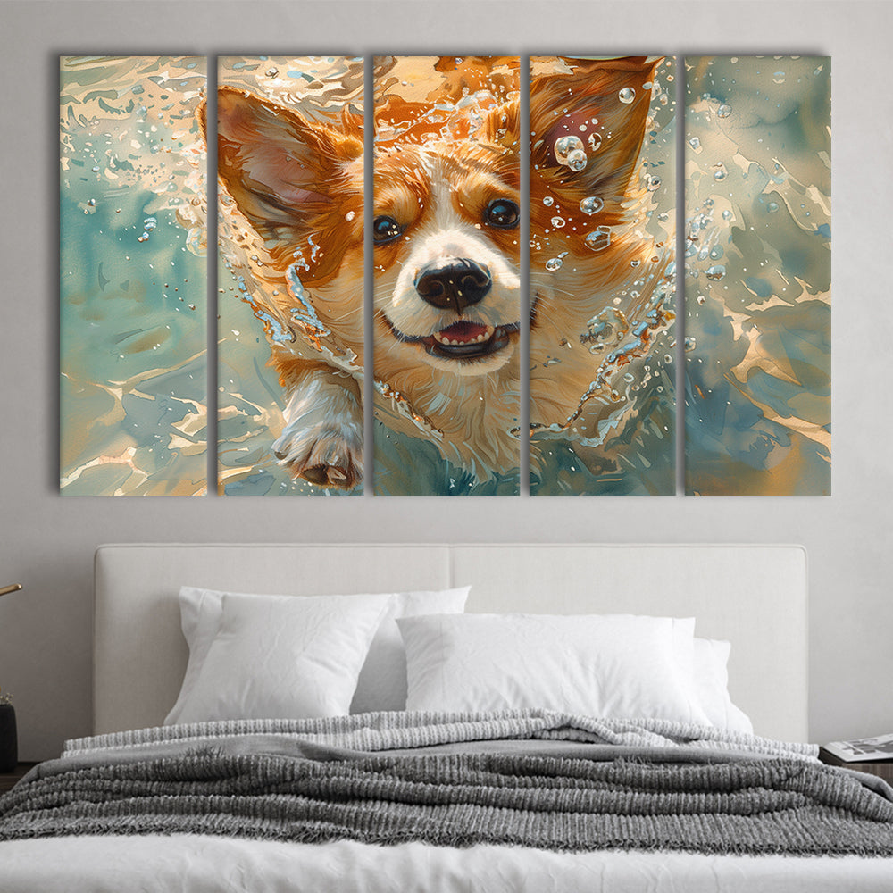 Corgi Puppie Playing Swiming Underwater, Canvas Art Print, Painting Art, Multi Panels Canvas Print Wall Art