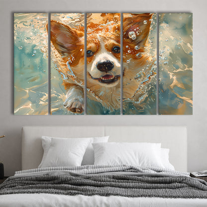 Corgi Puppie Playing Swiming Underwater, Canvas Art Print, Painting Art, Multi Panels Canvas Print Wall Art