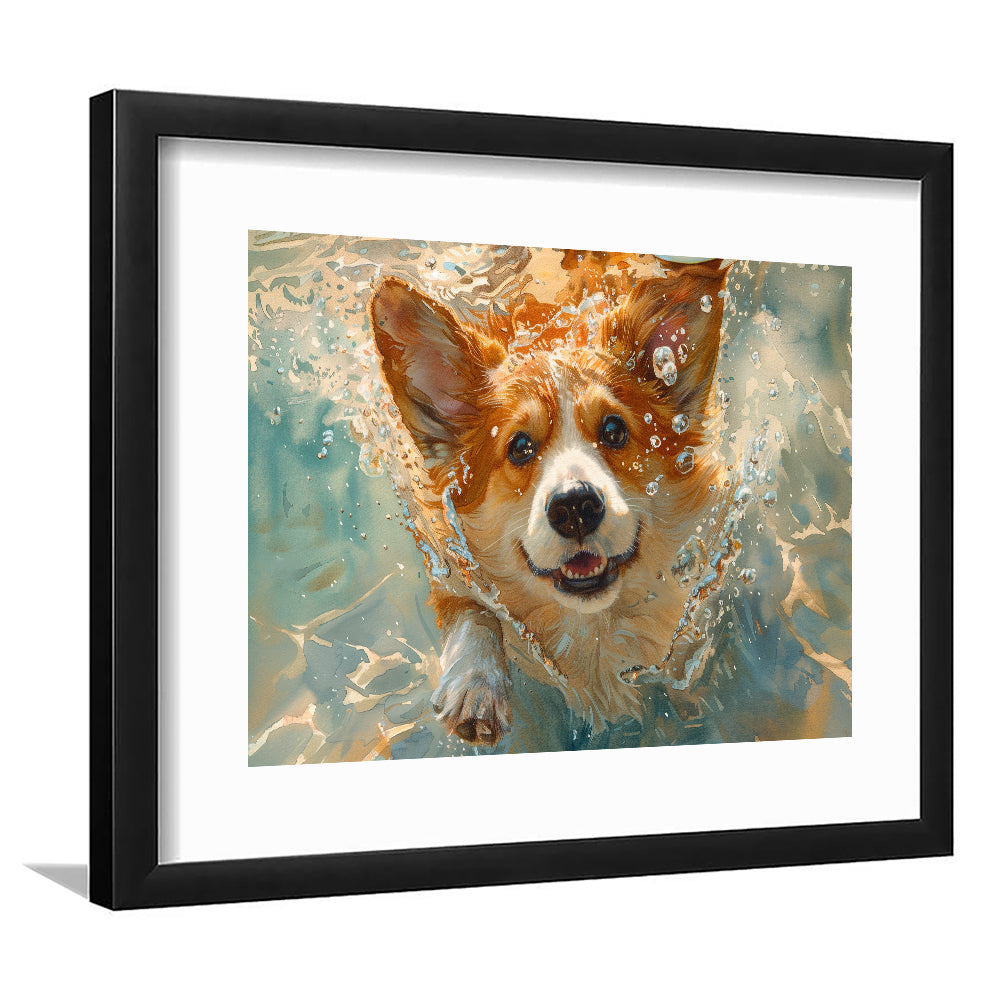 Corgi Puppie Playing Swiming Underwater, Framed  Print, Painting Art, Framed Art Print White Border Wall Decor