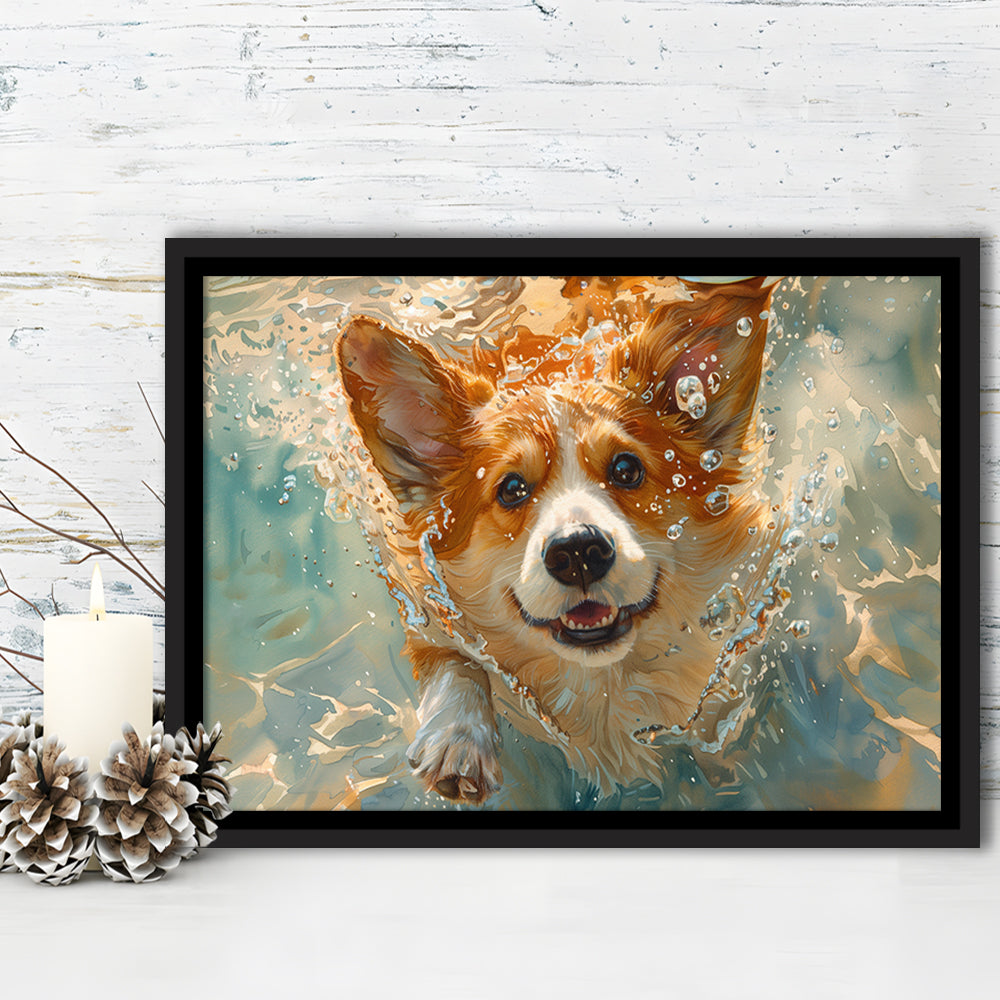 Corgi Puppie Playing Swiming Underwater, Framed Canvas Print, Painting Art, Floating Framed Canvas Print Wall Art