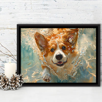 Corgi Puppie Playing Swiming Underwater, Framed Canvas Print, Painting Art, Floating Framed Canvas Print Wall Art