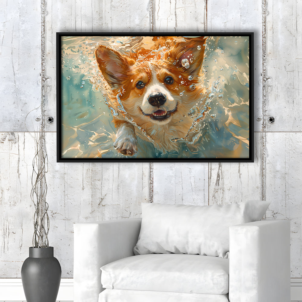 Corgi Puppie Playing Swiming Underwater, Framed Canvas Print, Painting Art, Floating Framed Canvas Print Wall Art