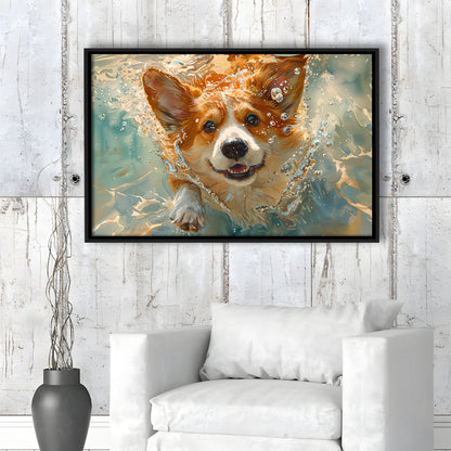Corgi Puppie Playing Swiming Underwater, Framed Canvas Print, Painting Art, Floating Framed Canvas Print Wall Art