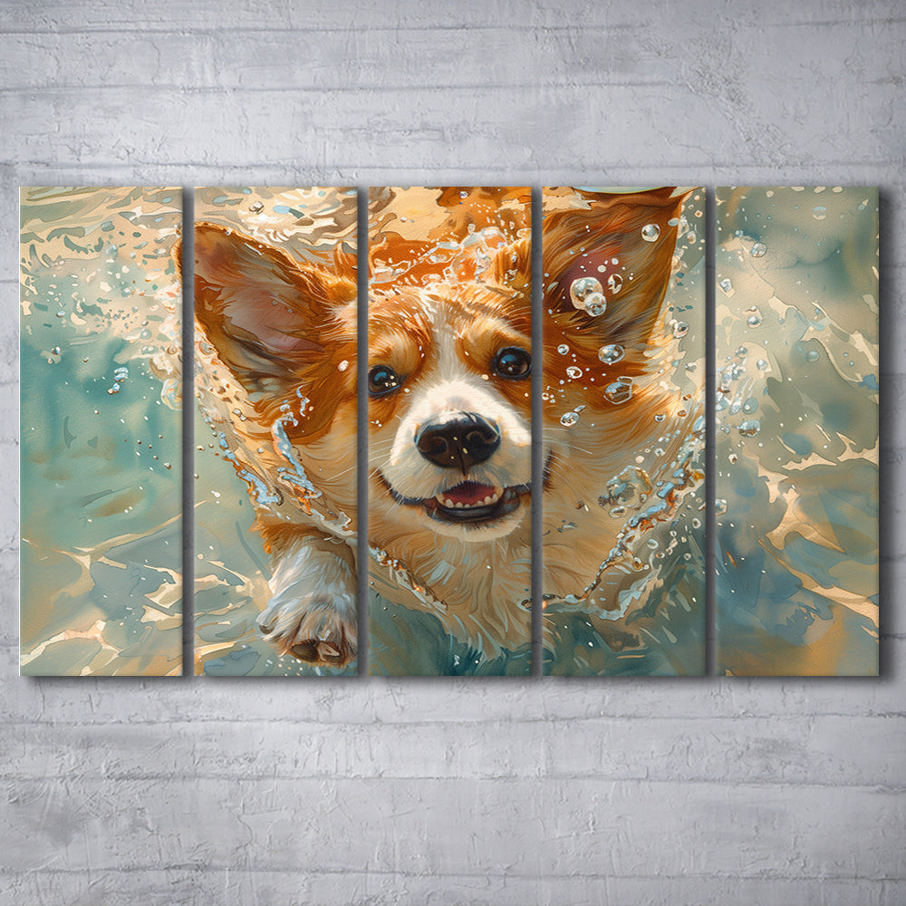 Corgi Puppie Playing Swiming Underwater, Canvas Art Print, Painting Art, Multi Panels Canvas Print Wall Art