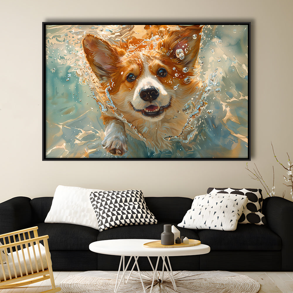 Corgi Puppie Playing Swiming Underwater, Framed Canvas Print, Painting Art, Floating Framed Canvas Print Wall Art