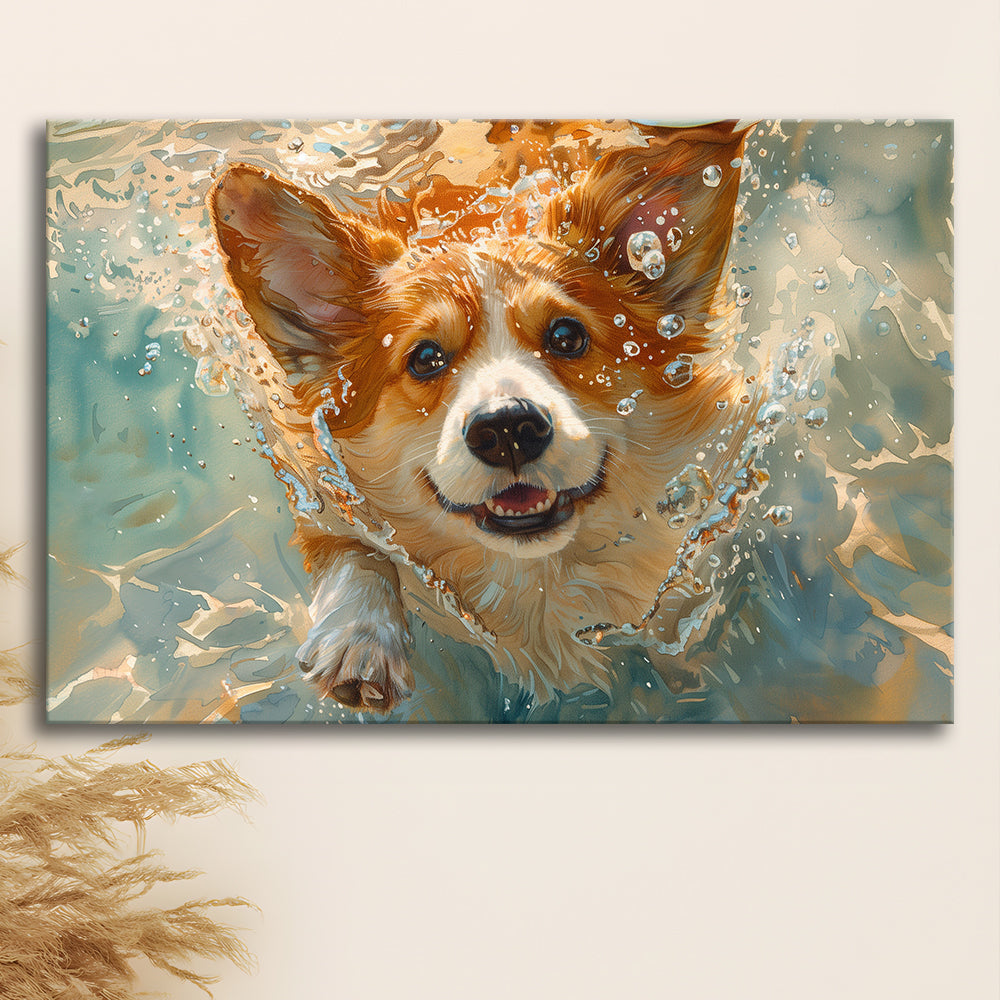 Corgi Puppie Playing Swiming Underwater, Canvas Art Decor Print, Painting Art, Canvas Print Wall Art Home Decor