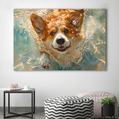 Corgi Puppie Playing Swiming Underwater, Canvas Art Decor Print, Painting Art, Canvas Print Wall Art Home Decor