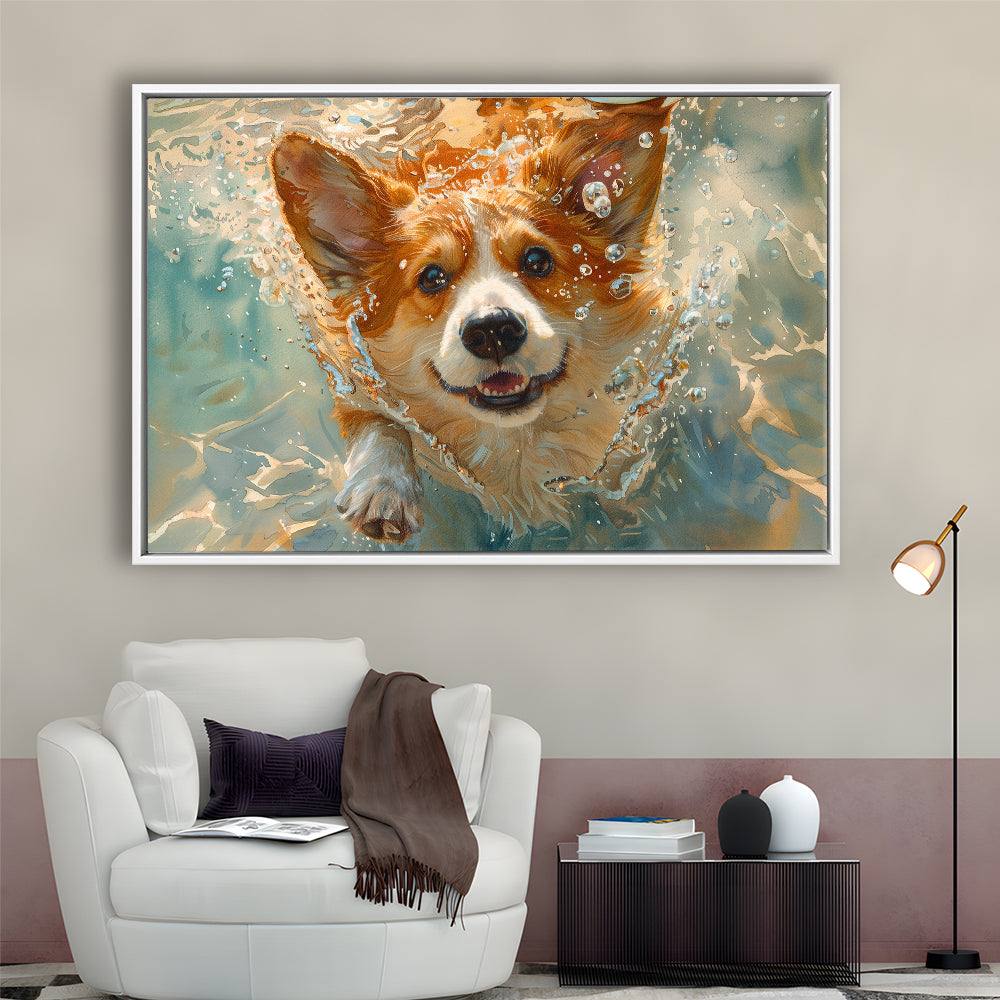 Corgi Puppie Playing Swiming Underwater, Framed Canvas Print, Painting Art, Floating Framed Canvas Print Wall Art