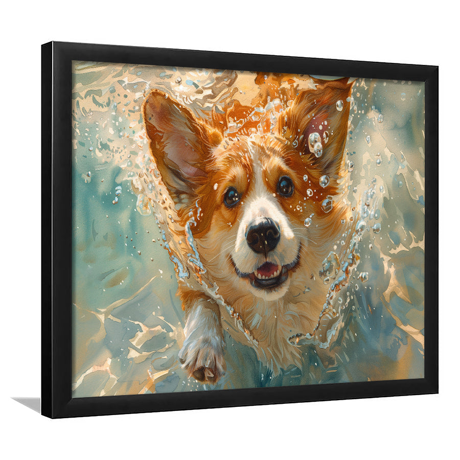 Corgi Puppie Playing Swiming Underwater, Framed  Print, Painting Art, Framed Art Print Wall Decor, Framed Picture