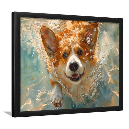 Corgi Puppie Playing Swiming Underwater, Framed  Print, Painting Art, Framed Art Print Wall Decor, Framed Picture