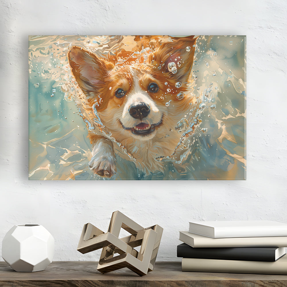 Corgi Puppie Playing Swiming Underwater, Canvas Art Decor Print, Painting Art, Canvas Print Wall Art Home Decor
