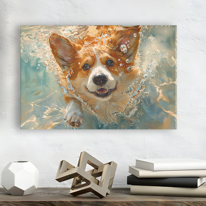 Corgi Puppie Playing Swiming Underwater, Canvas Art Decor Print, Painting Art, Canvas Print Wall Art Home Decor
