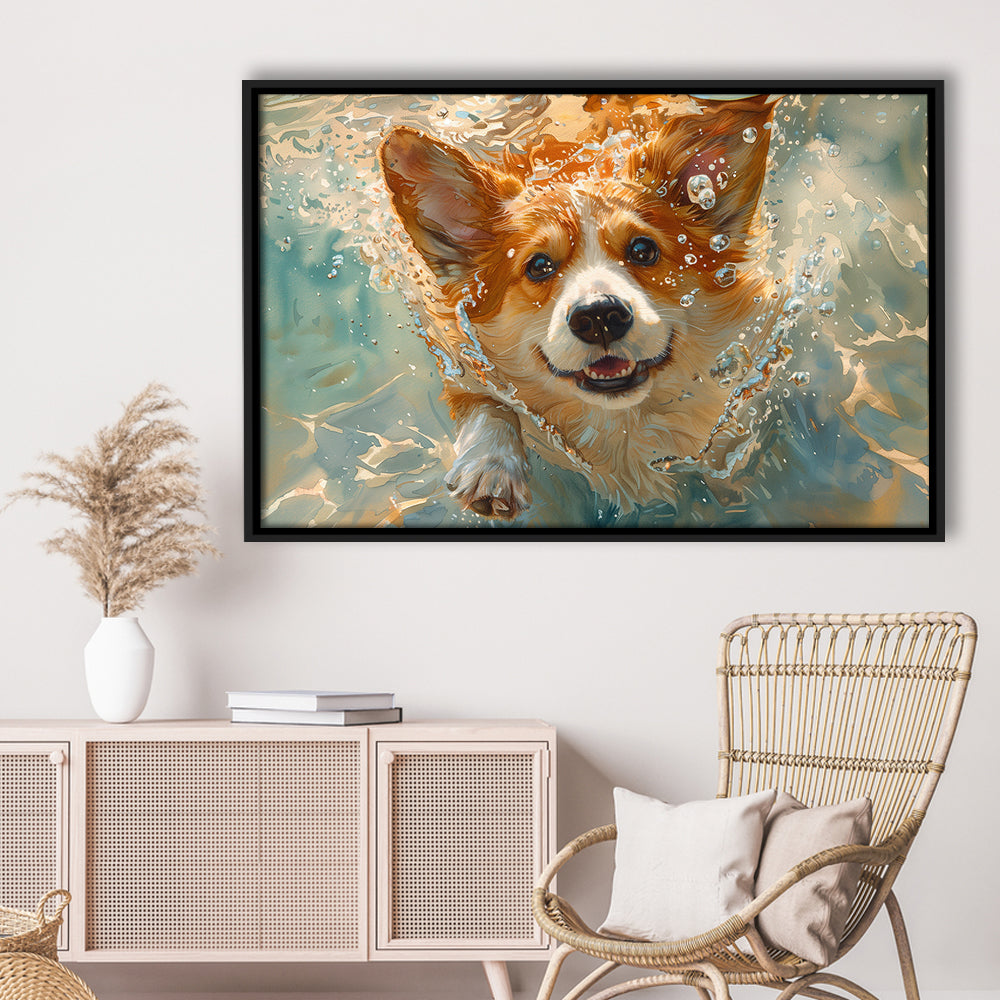 Corgi Puppie Playing Swiming Underwater, Framed Canvas Print, Painting Art, Floating Framed Canvas Print Wall Art
