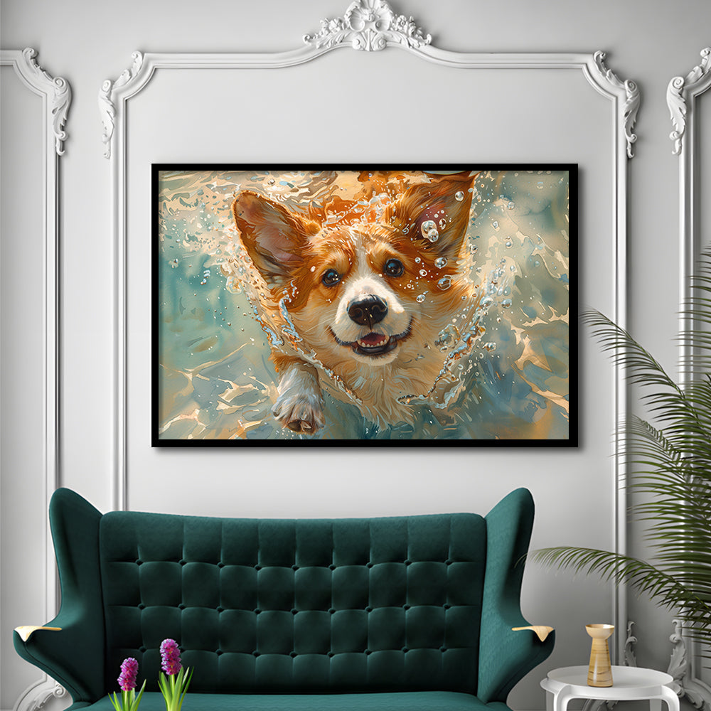 Corgi Puppie Playing Swiming Underwater, Framed  Print, Painting Art, Framed Art Print Wall Decor, Framed Picture
