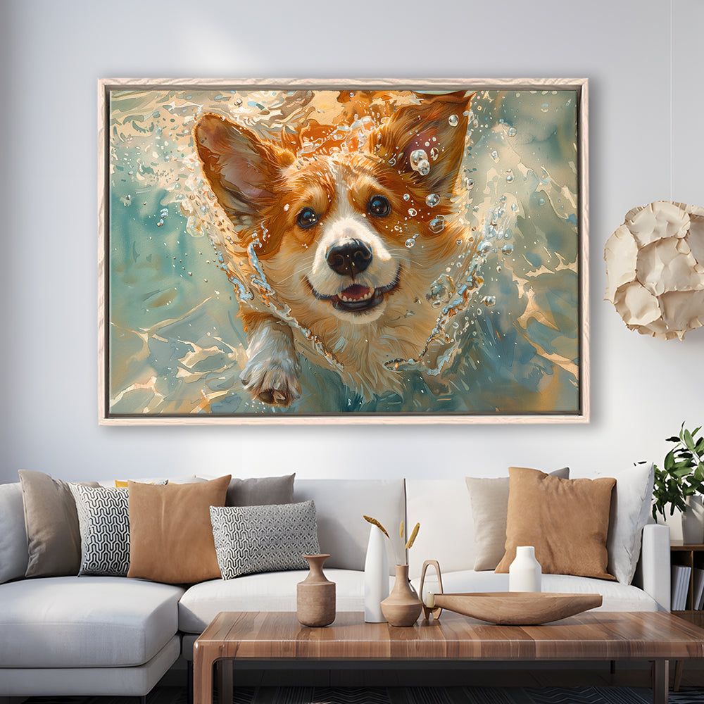 Corgi Puppie Playing Swiming Underwater, Framed Canvas Print, Painting Art, Floating Framed Canvas Print Wall Art