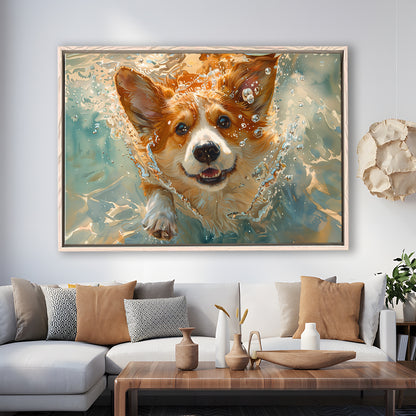 Corgi Puppie Playing Swiming Underwater, Framed Canvas Print, Painting Art, Floating Framed Canvas Print Wall Art