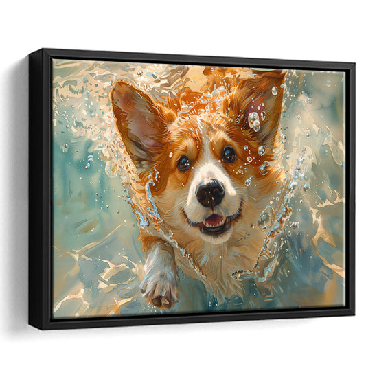 Corgi Puppie Playing Swiming Underwater, Framed Canvas Print, Painting Art, Floating Framed Canvas Print Wall Art