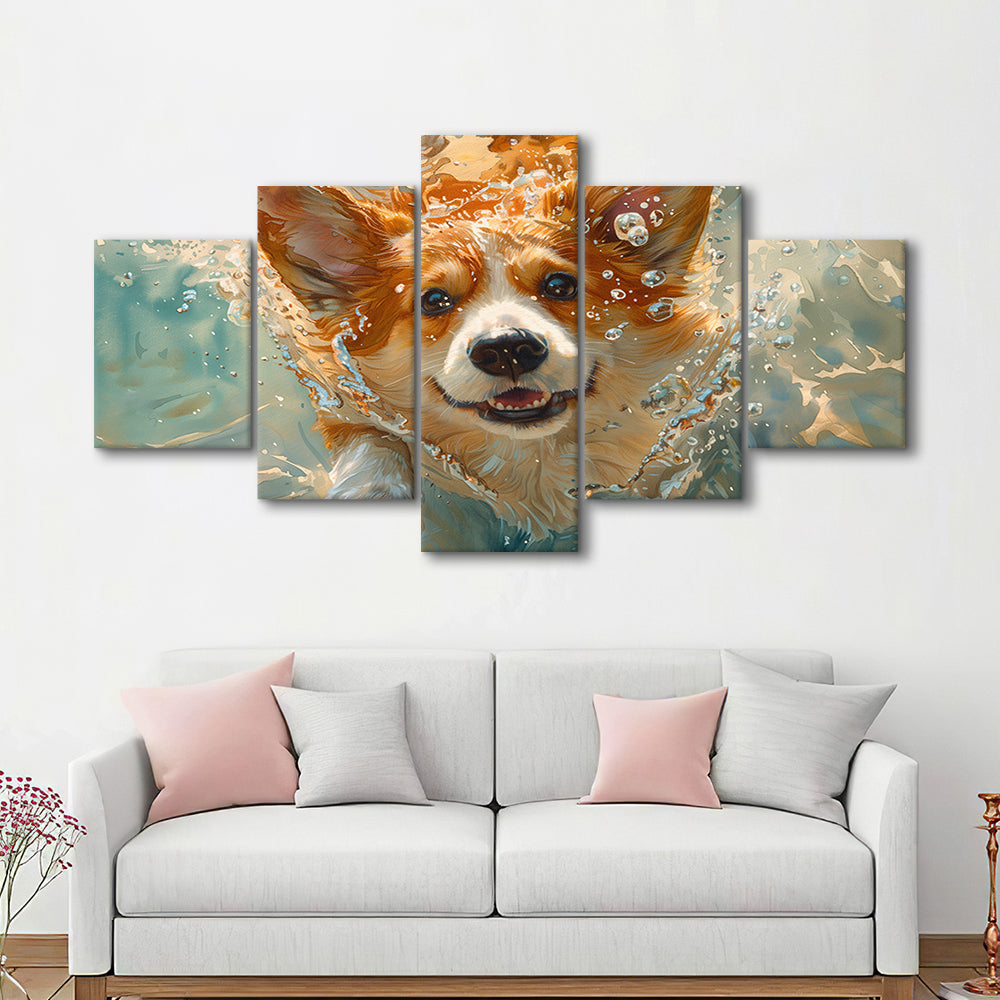 Corgi Puppie Playing Swiming Underwater, Canvas Art Decor Print, Painting Art, Mixed Panels Canvas Print Wall Art
