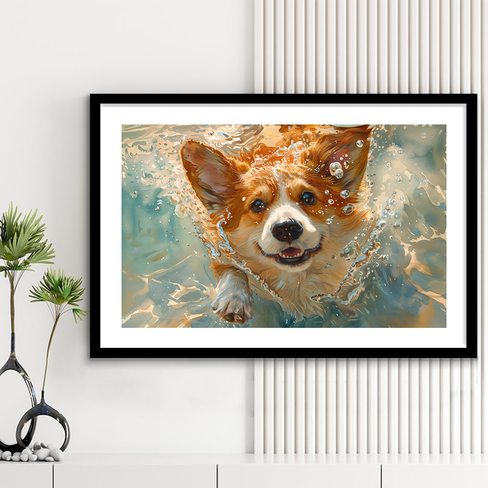 Corgi Puppie Playing Swiming Underwater, Framed  Print, Painting Art, Framed Art Print White Border Wall Decor
