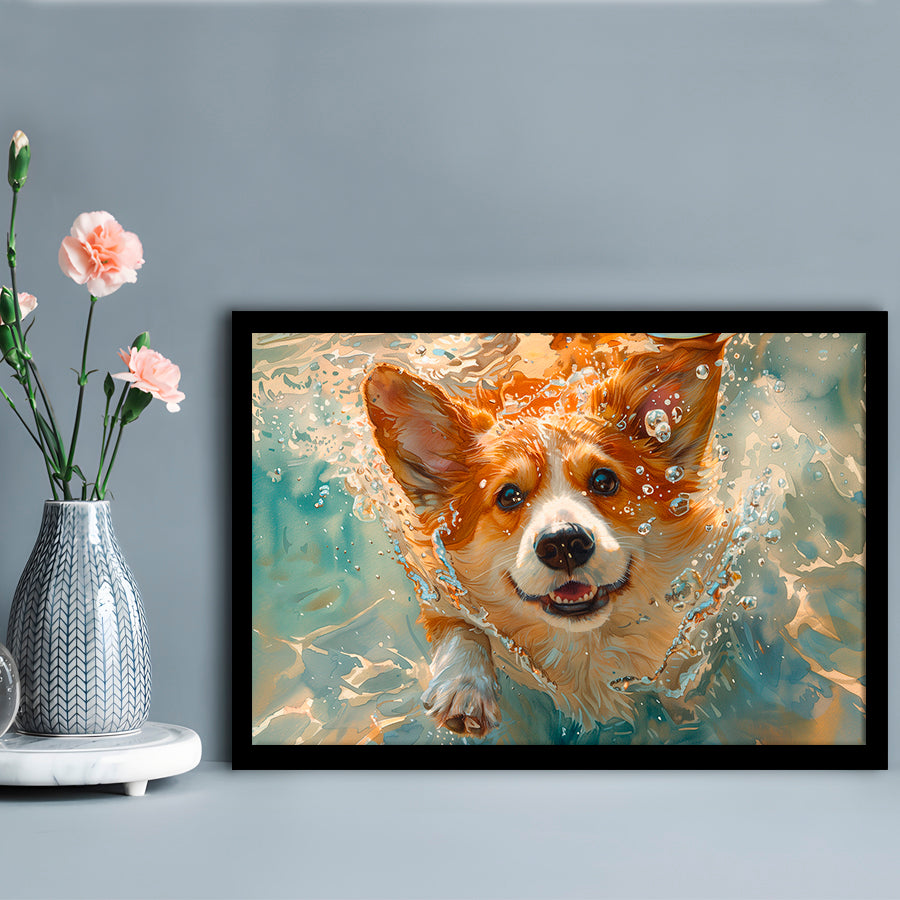 Corgi Puppie Playing Swiming Underwater, Framed  Print, Painting Art, Framed Art Print Wall Decor, Framed Picture