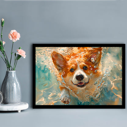 Corgi Puppie Playing Swiming Underwater, Framed  Print, Painting Art, Framed Art Print Wall Decor, Framed Picture