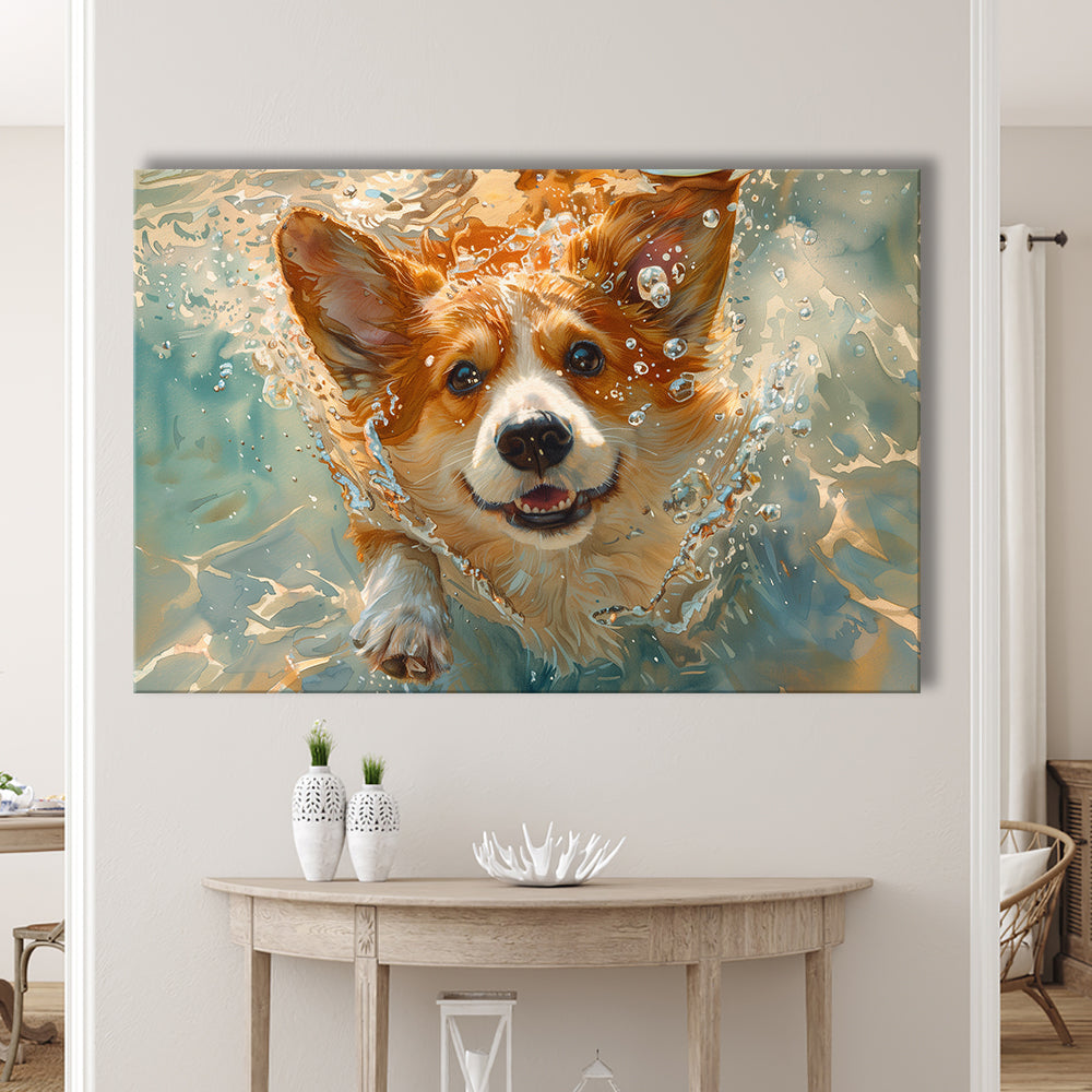 Corgi Puppie Playing Swiming Underwater, Canvas Art Decor Print, Painting Art, Canvas Print Wall Art Home Decor