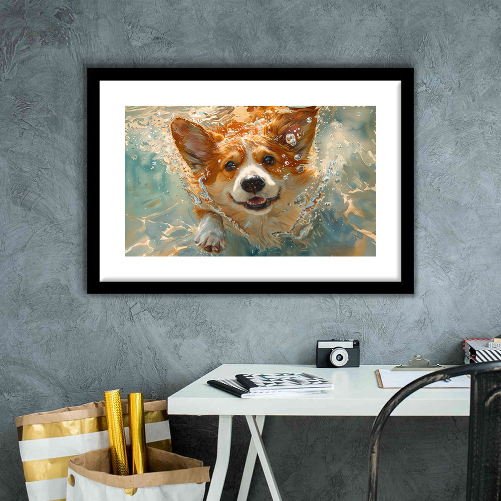 Corgi Puppie Playing Swiming Underwater, Framed  Print, Painting Art, Framed Art Print White Border Wall Decor