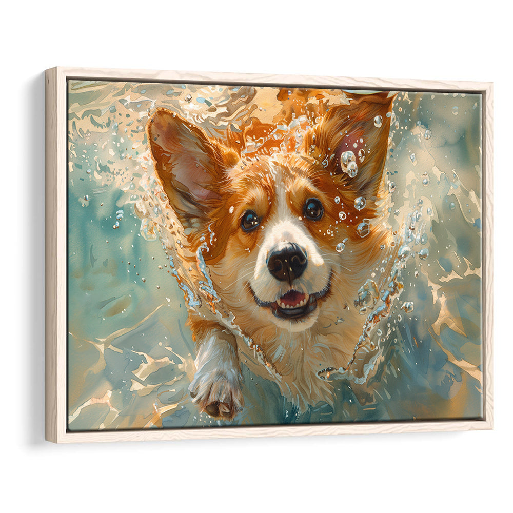 Corgi Puppie Playing Swiming Underwater, Framed Canvas Print, Painting Art, Floating Framed Canvas Print Wall Art